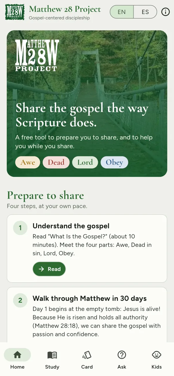 The Matthew 28 Project app’s Home screen